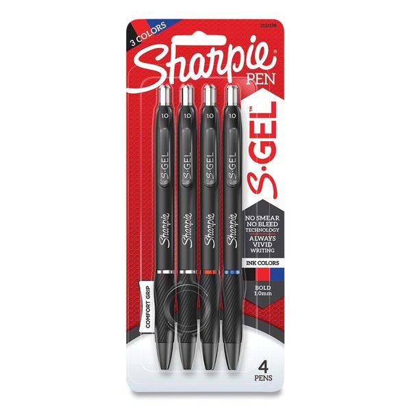 Sharpie S-Gel High-Performance Gel Pen, Retractable, Bold 1 mm, Assorted Ink Colors, Black Barrel, PK4, 4PK 2116198